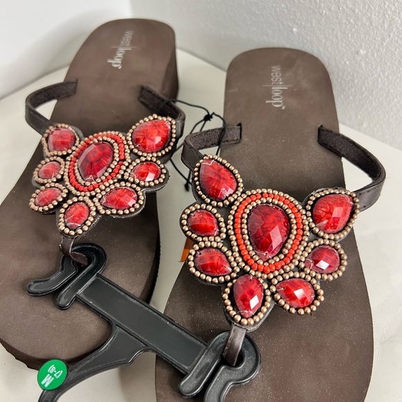 Women Shoes BLING Wedge Sandals Brown Red Summer West Loop Medium 7/8 New - Picture 3 of 7